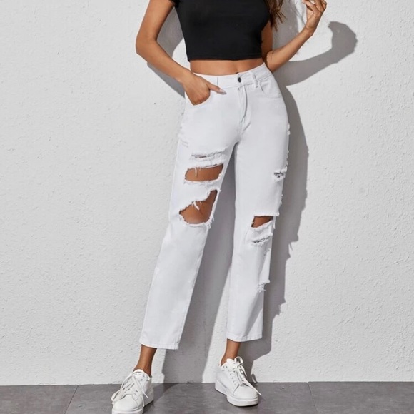 SHEIN Denim - NWOT Shein White Distressed Cutout Mom Jeans